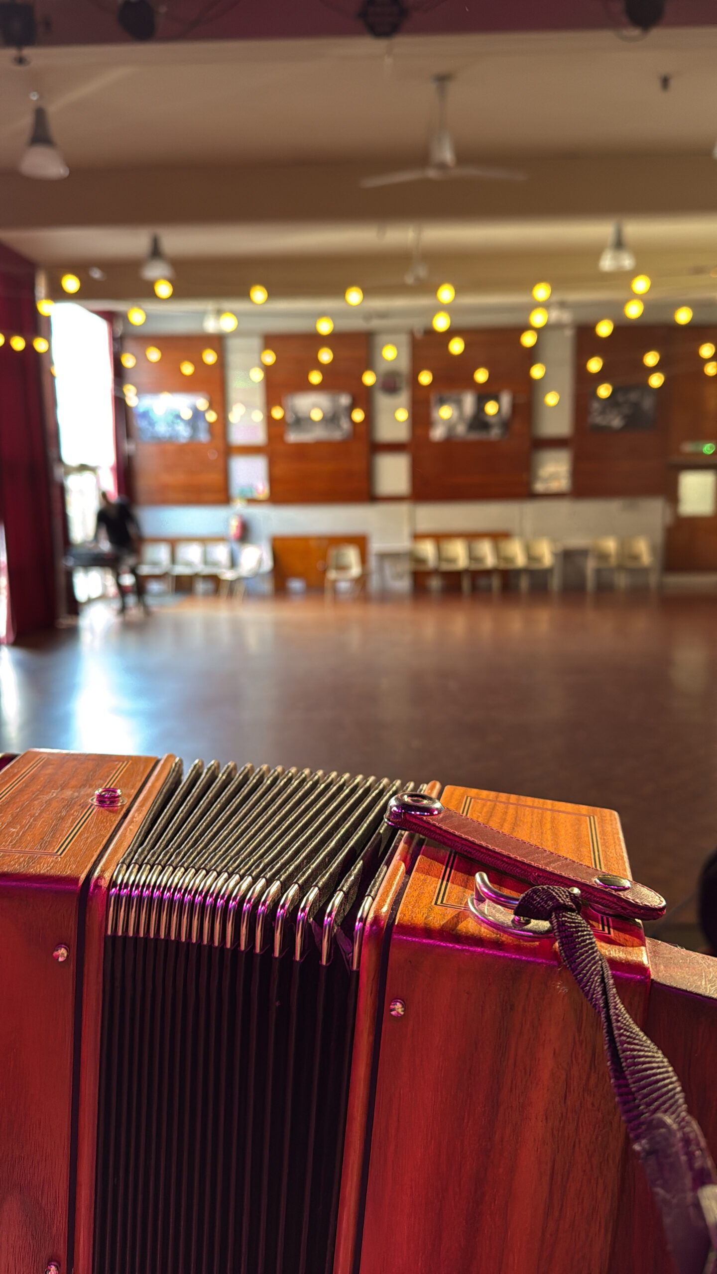 Ceilidh at the Folk House Bristol View from the stage at a ceilidh in the Folk House, Bristol, with accordion in foreground