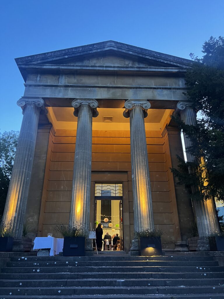 Arnos Vale Wedding Venue at Dusk Exterior of Arnos Vale’s Anglican Chapel lit up before an evening ceilidh in Bristol